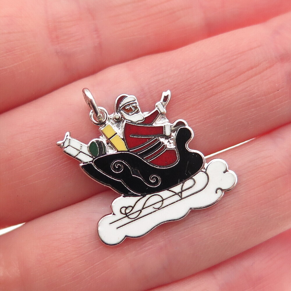 Danecraft Sterling Silver Antique Art Deco Enamel Santa's Sleigh Mini Pendant
